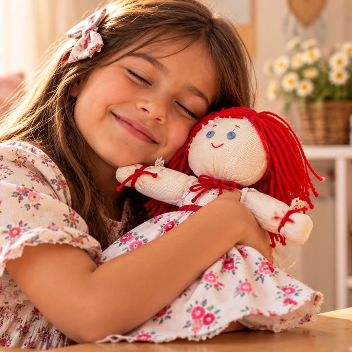 Menina sorridente de olhos fechados abraçando a sua boneca de pano de cabelo de lã vermelha e vestido florido